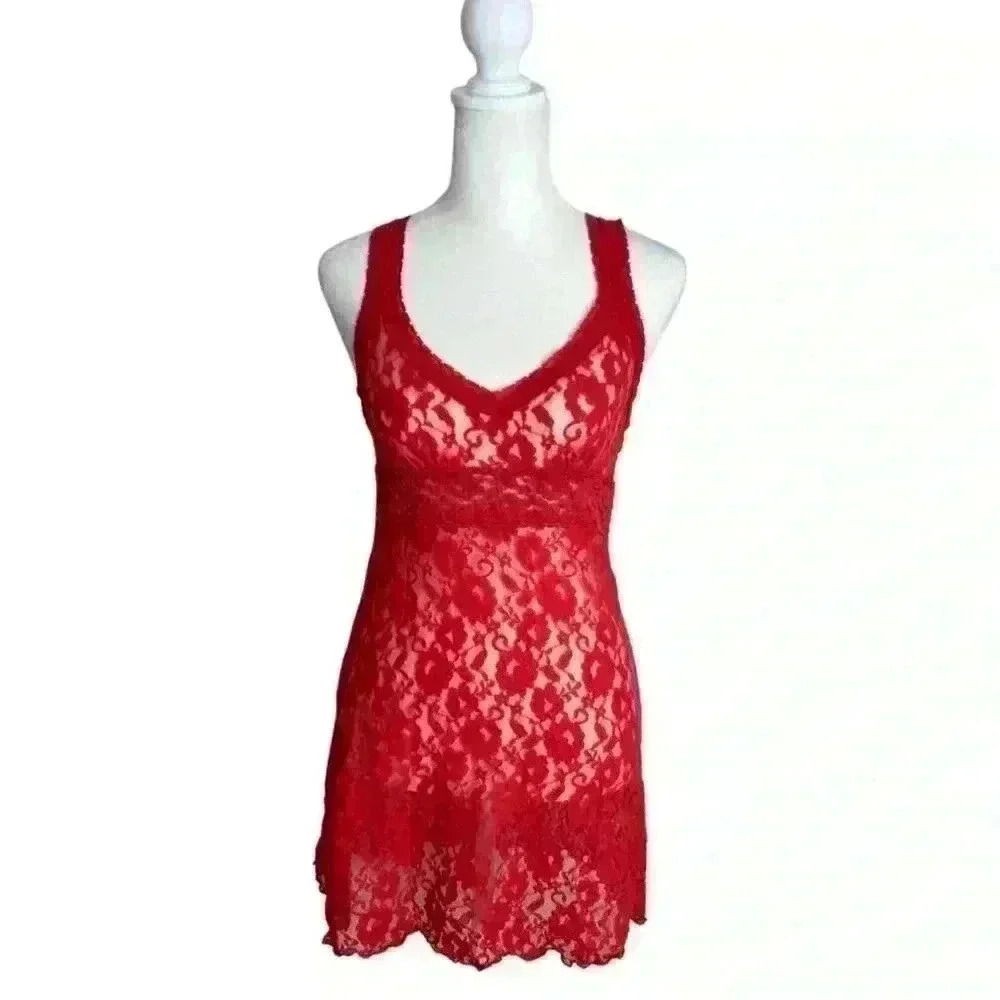 Vintage 90s Red lace coquette bodycon slip dress - Picture 2 of 5